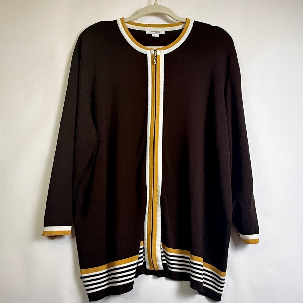 Dressbarn Woman Brown Yellow Striped Zip Front Cardigan Sweater‎ Plus Size 22/24 - Picture 3 of 12